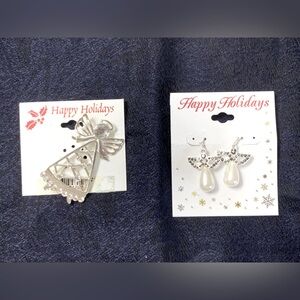 SILVERTONE ANGEL PIN/BROOCH & EARRINGS